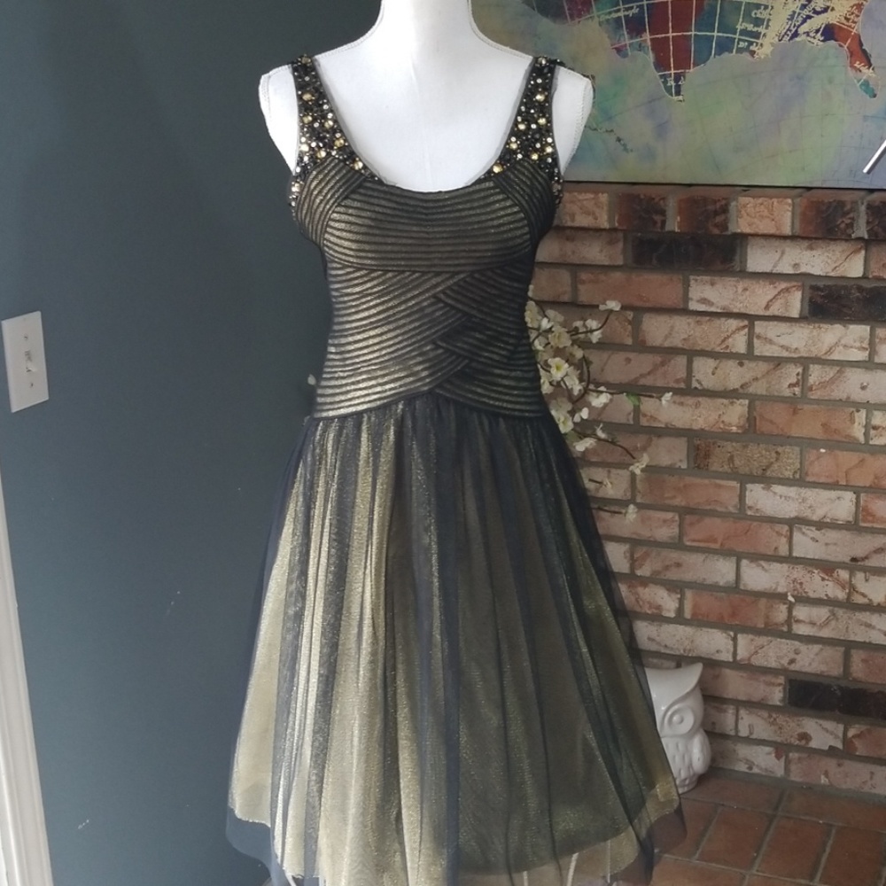 Bcbgmaxazria Gold Black Tulle Jeweled Dress